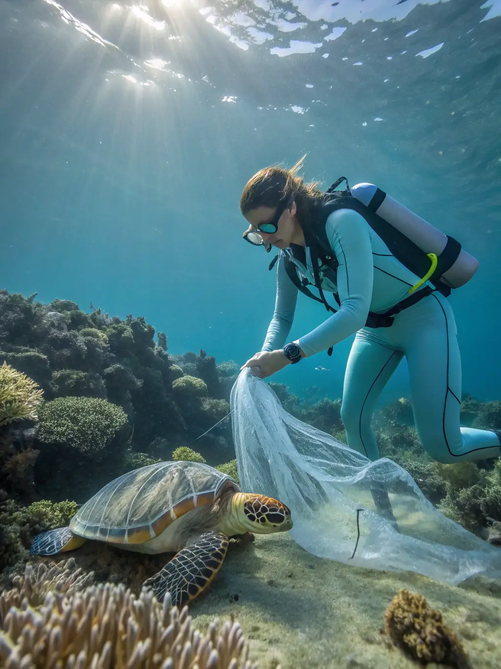 A diver collecting marine debris during an underwater cleanup event, showcasing the association's dedication to environmental stewardship and ocean conservation.