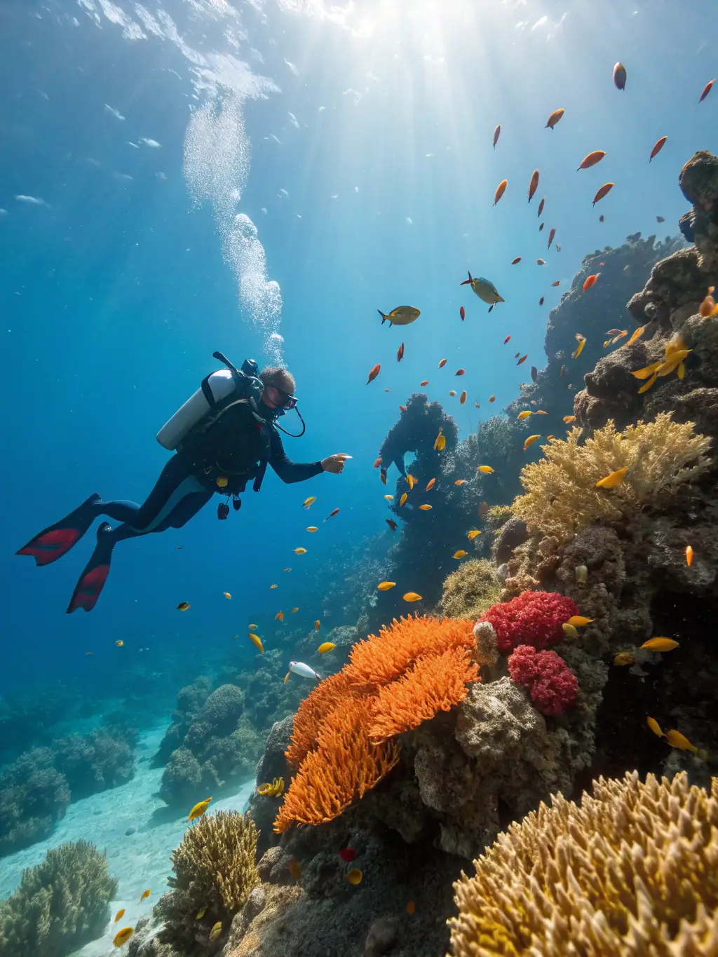 A group of divers exploring a vibrant coral reef, showcasing the beauty and biodiversity of the underwater environment during one of ACP's guided dives.