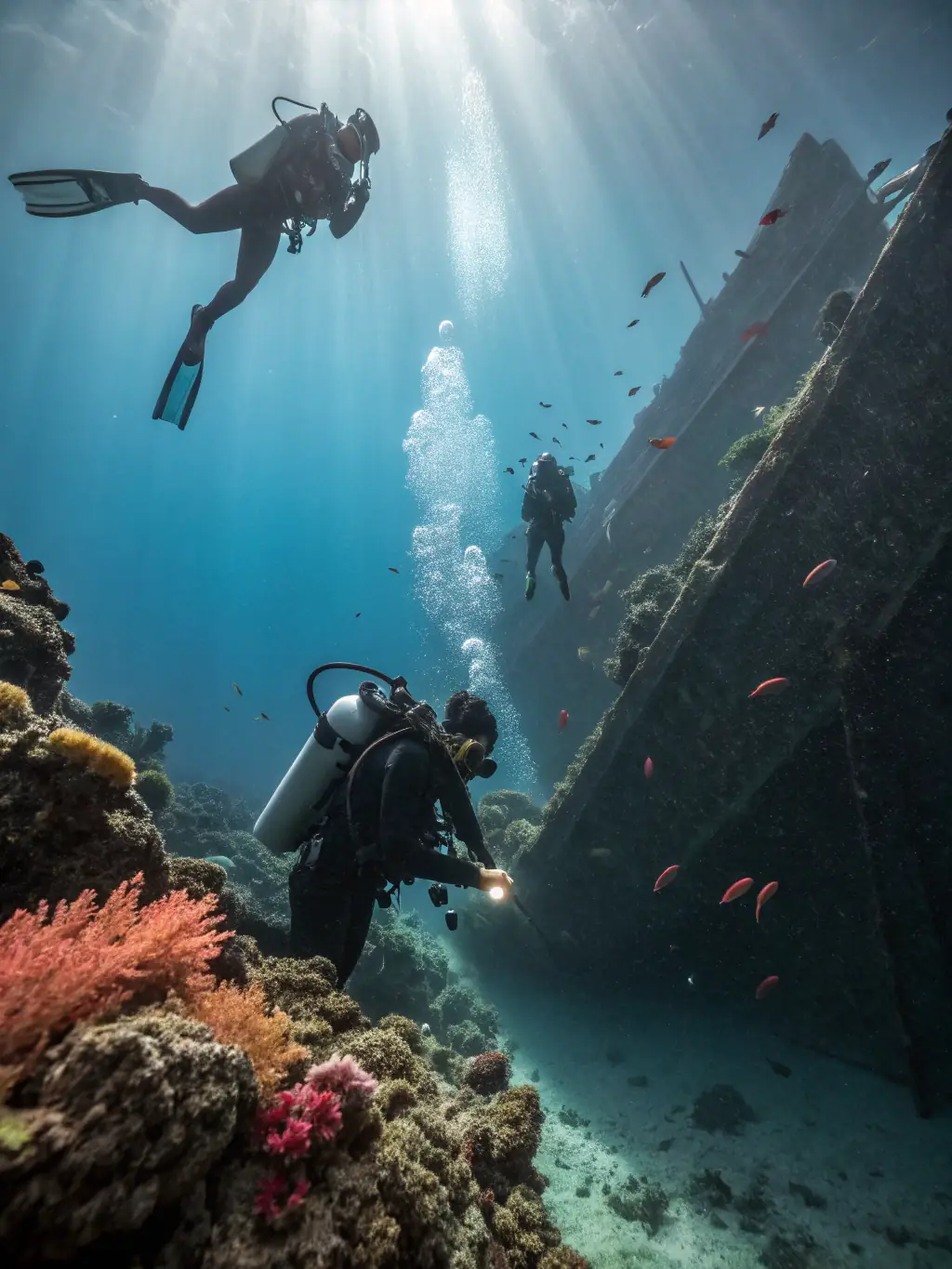 A photo of divers exploring a shipwreck, showcasing the advanced diving activities offered by ACP.