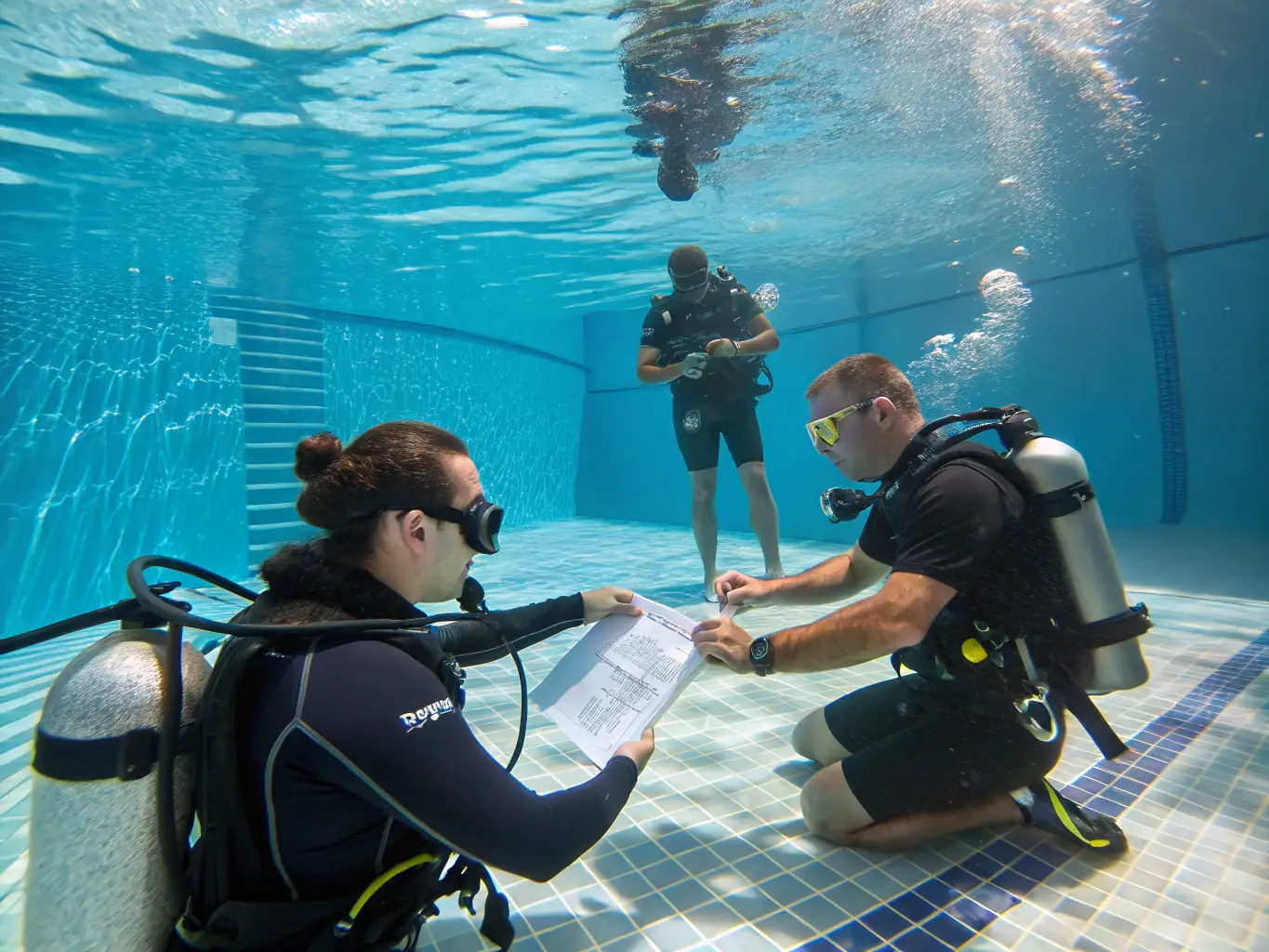A photograph capturing a diverse group of divers, including beginners, receiving instruction from a certified ACP instructor in a clear, shallow area. The focus is on demonstrating the association's commitment to safety and inclusive training.